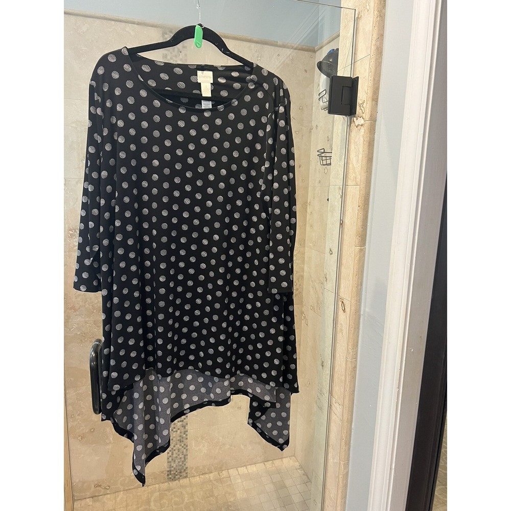 Chicos XL Black White geo print 3/4 Swing Asymmetrical Hem Jersey hi-lo top 3
